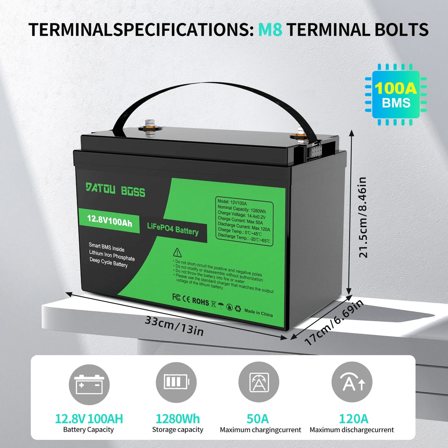 DATOUBOSS 12V 100Ah LiFePO4 Lithium Battery with 100A BMS Deep Cycle Battery for RV Solar Home System Secondary image