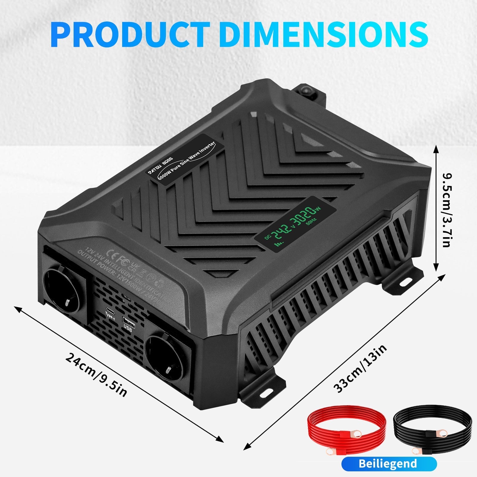 DATOUBOSS Dual Voltage Pure Sine Wave Inverter 2000/4000W, 12V/24V to 230V, LCD Display & 2 EU Socket, for off-grid.