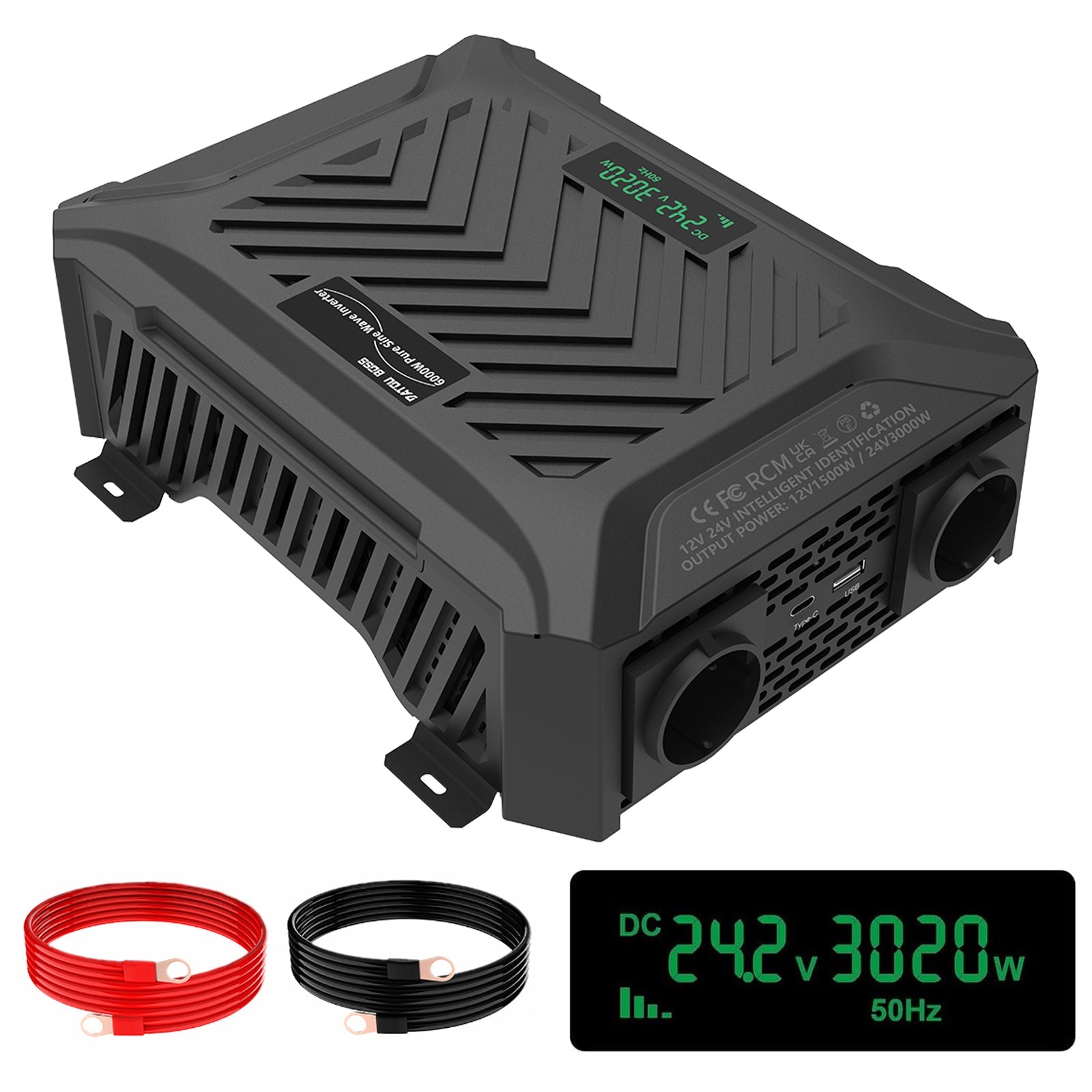 DATOUBOSS Smart Dual Voltage Pure Sine Wave Inverter 2000/4000W, 12V/24V to 230V, for RV car home off-grid.