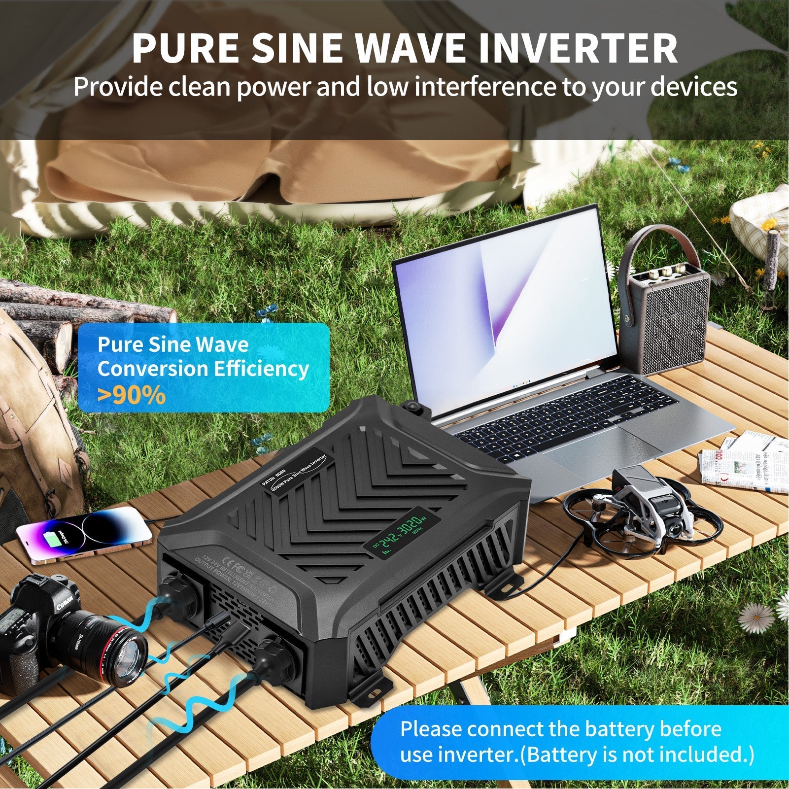 DATOUBOSS  Intelligent Dual Voltage Pure Sine Wave Inverter 2000/4000W, 12V/24V to 230V,for RV car home off-grid.