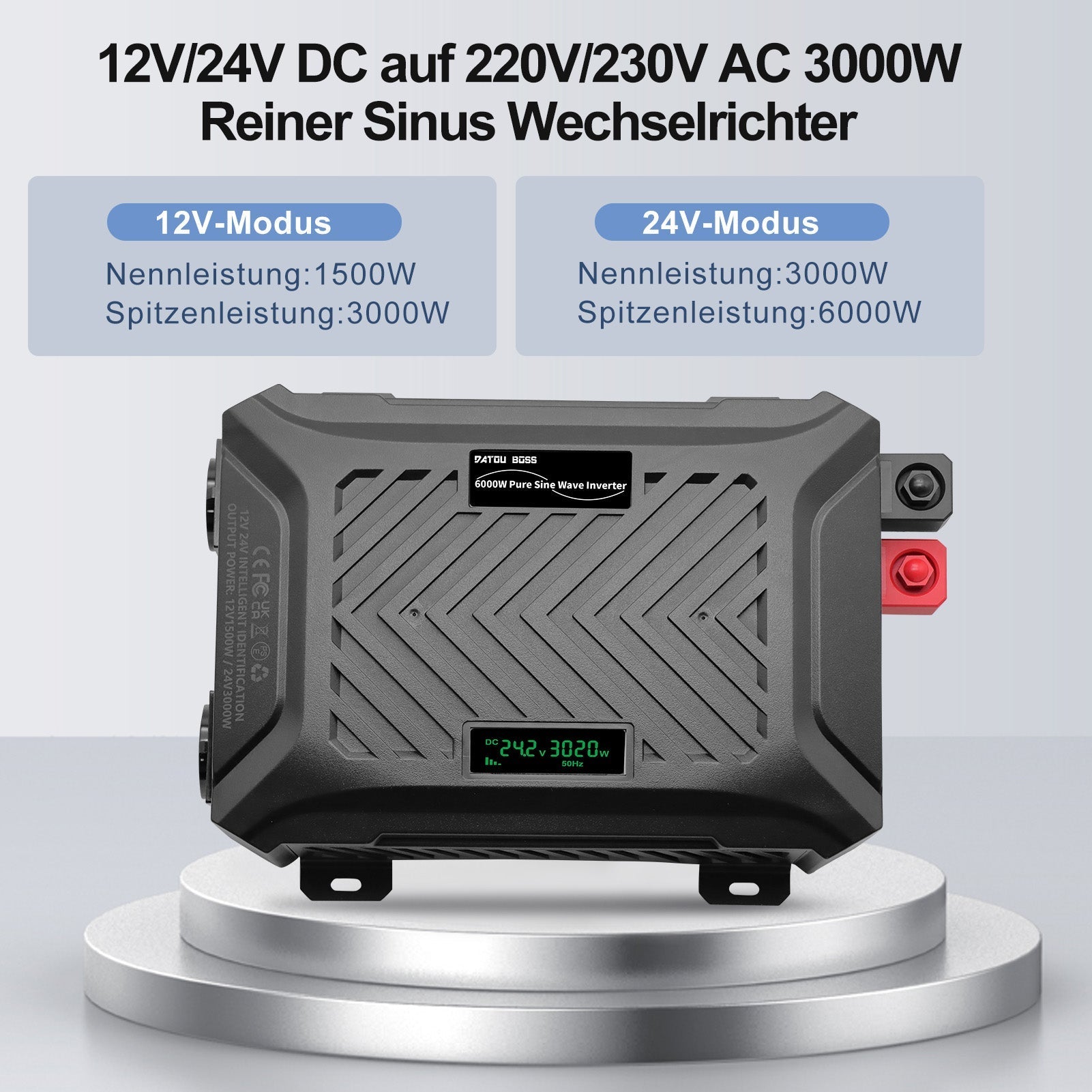 DATOUBOSS, Smart Dual Voltage Pure Sine Wave Inverter 1500W/3000W, 12V/24V to 230V, for off-grid Secondary image
