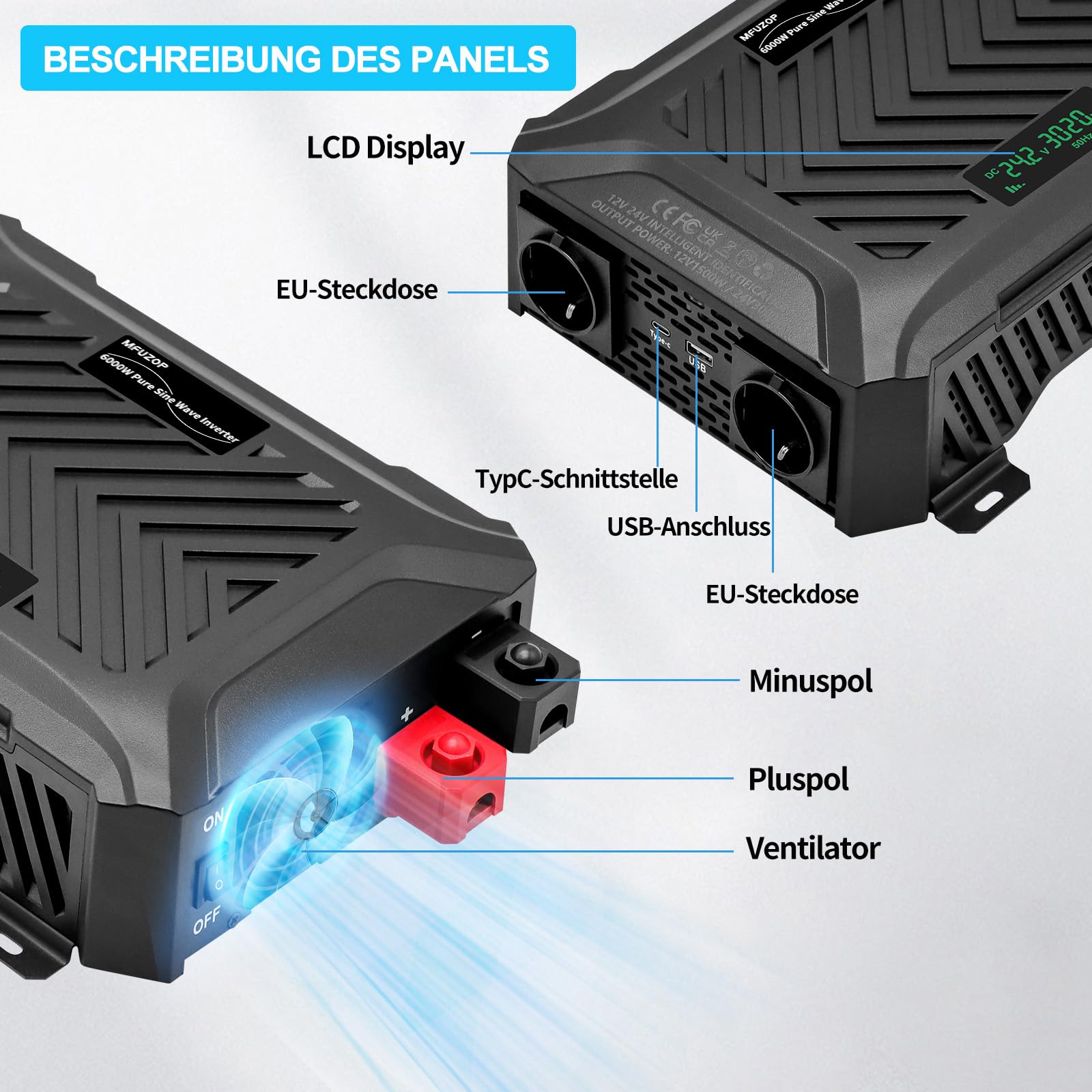 DATOUBOSS Dual Voltage Pure Sine Wave Inverter 2000/4000W, 12V/24V to 230V, with LCD Display & 2 EU Socket.