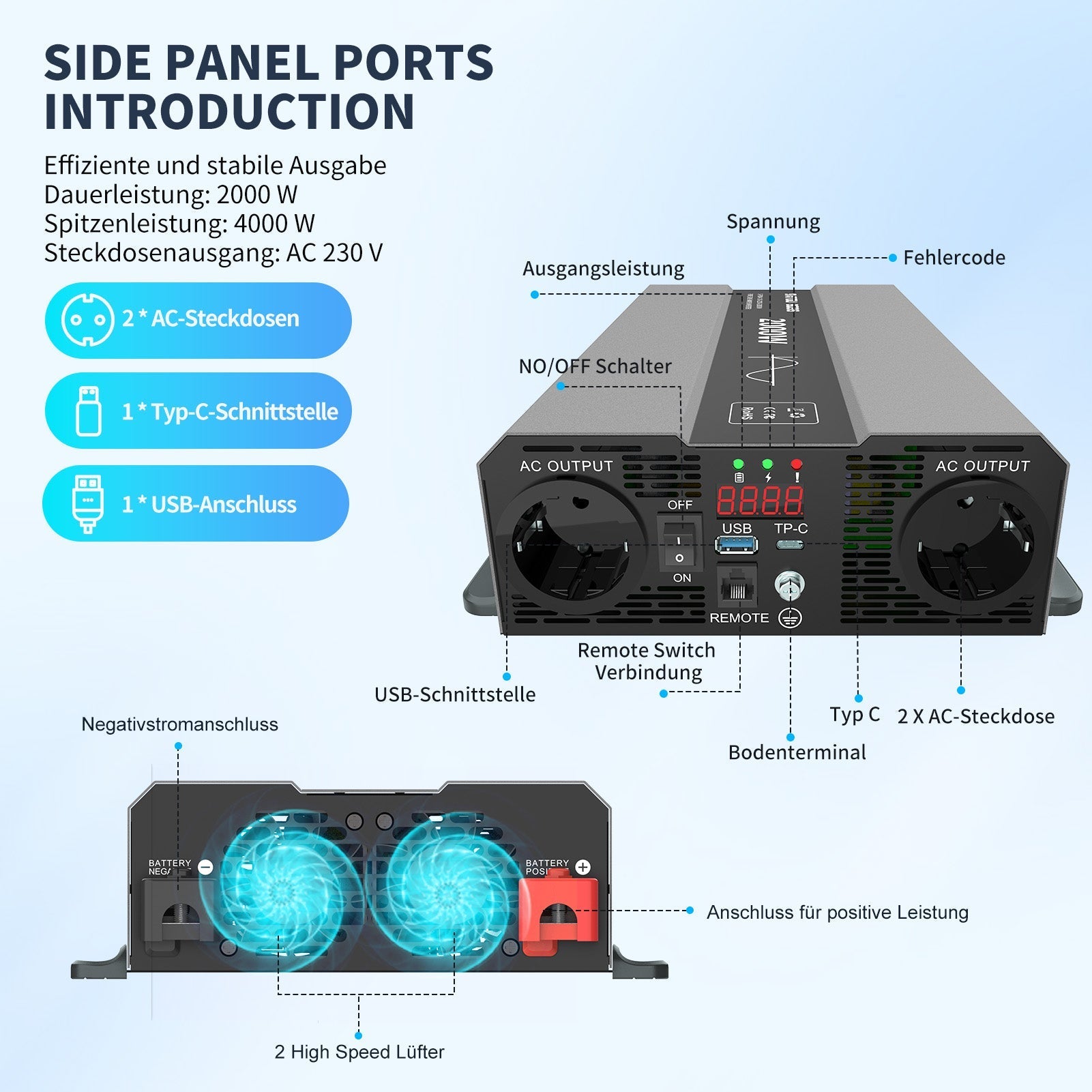 DATOUBOSS 2000W Pure Sine Wave Inverter with 4000W peak power, 12V-230V, with EU sockets, USB ports,  for home, cars, trucks.