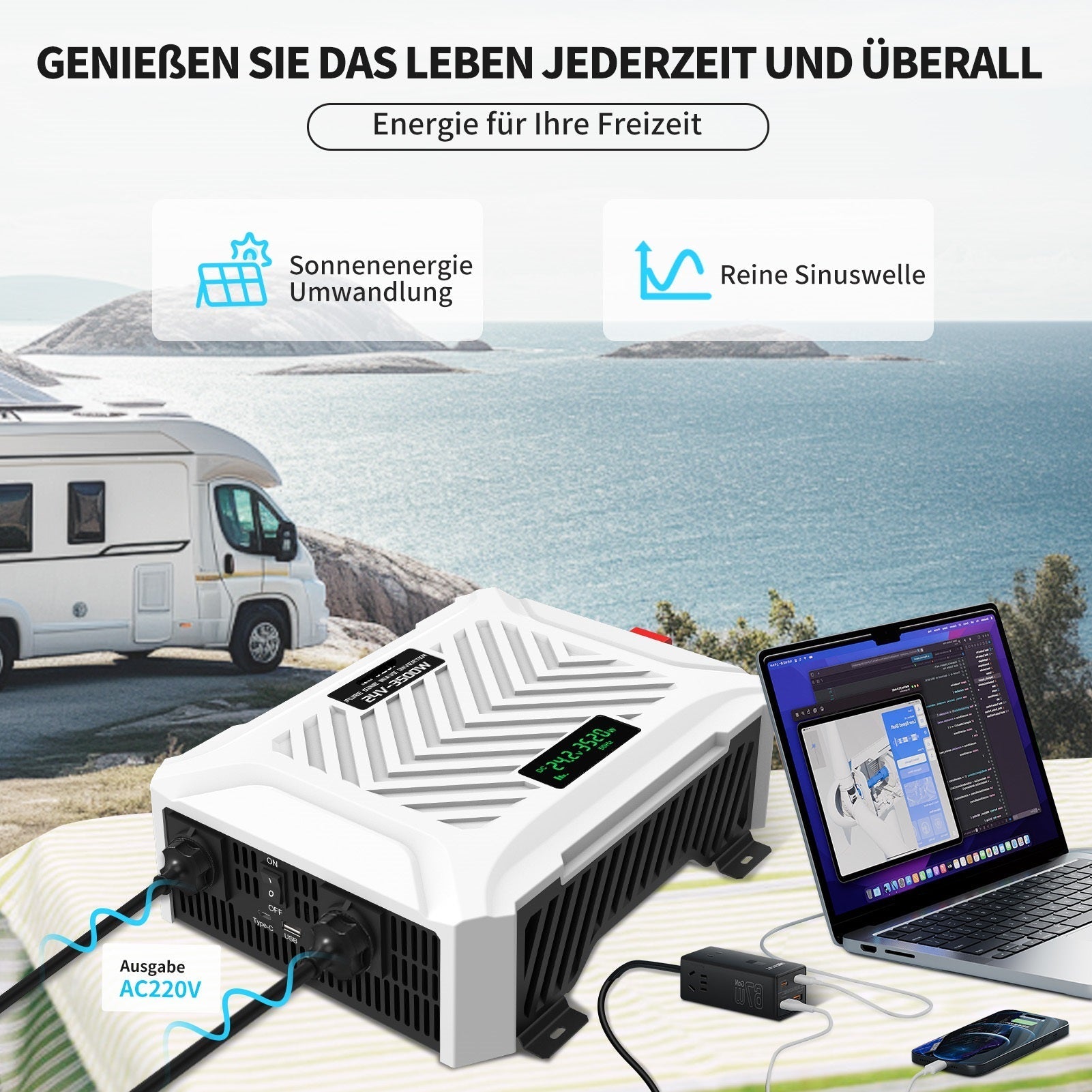 DATOUBOSS 3500W Pure Sine Wave Inverter, 24V to 230V, 7000W peak power, with LCD Display&2 EU Socket for RV car home off-grid