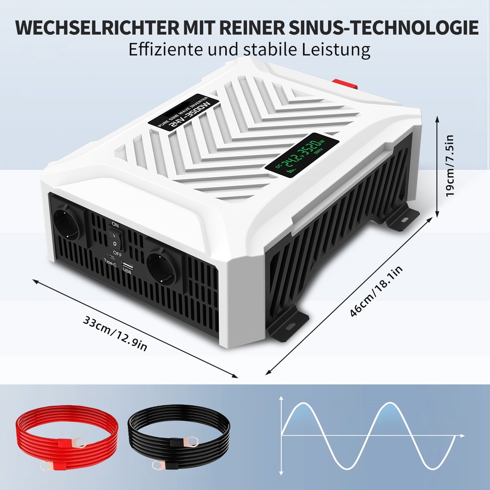 DATOUBOSS 3500W Pure Sine Wave Inverter 24V to 230V,  AC Voltage Converter, Peak Power 7000W Peak Power, with Intelligent Detection System & LCD Display & 2 EU Socket Secondary image