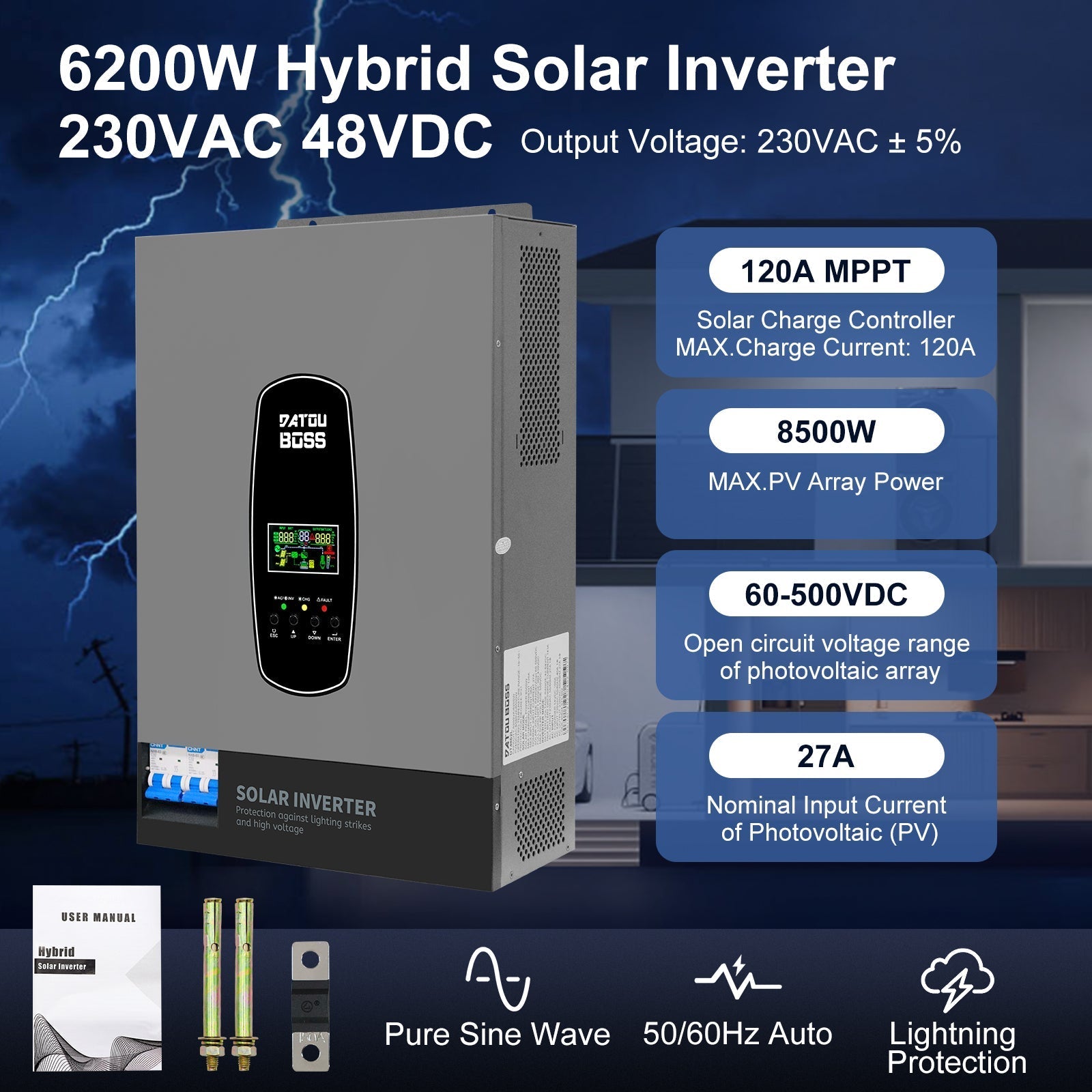 DATOUBOSS 6200W Hybrid Inverter 48V to 230V 120A MPPT, 8500W PV Input, for solaar system Secondary image