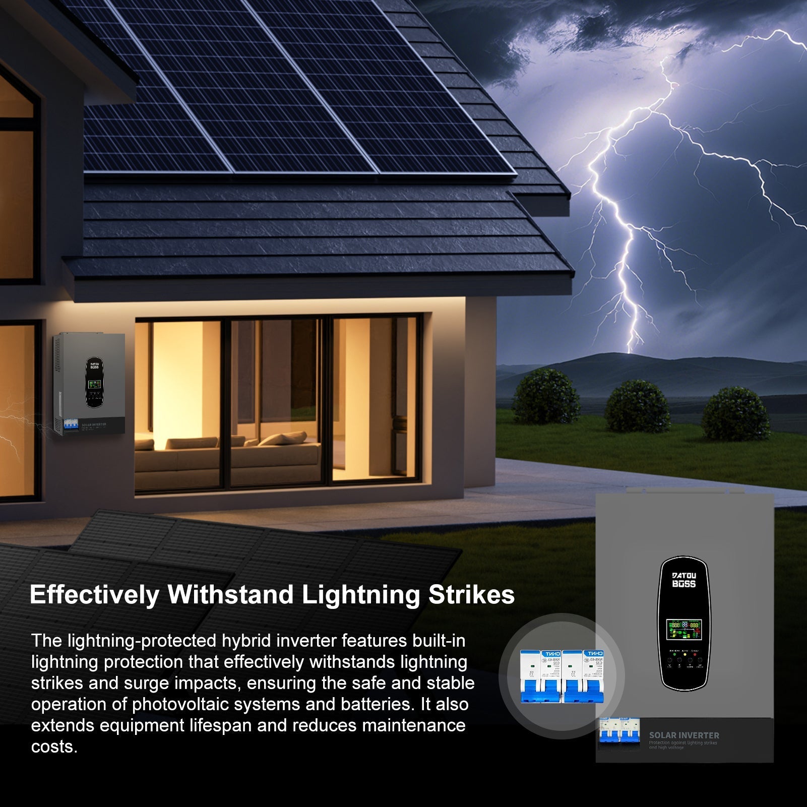 DATOUBOSS 6200W Solar Hybrid Inverter 48V to 230V, Pure Sine Wave, 120A MPPT, 8500W PV Input, Compatible with various battery