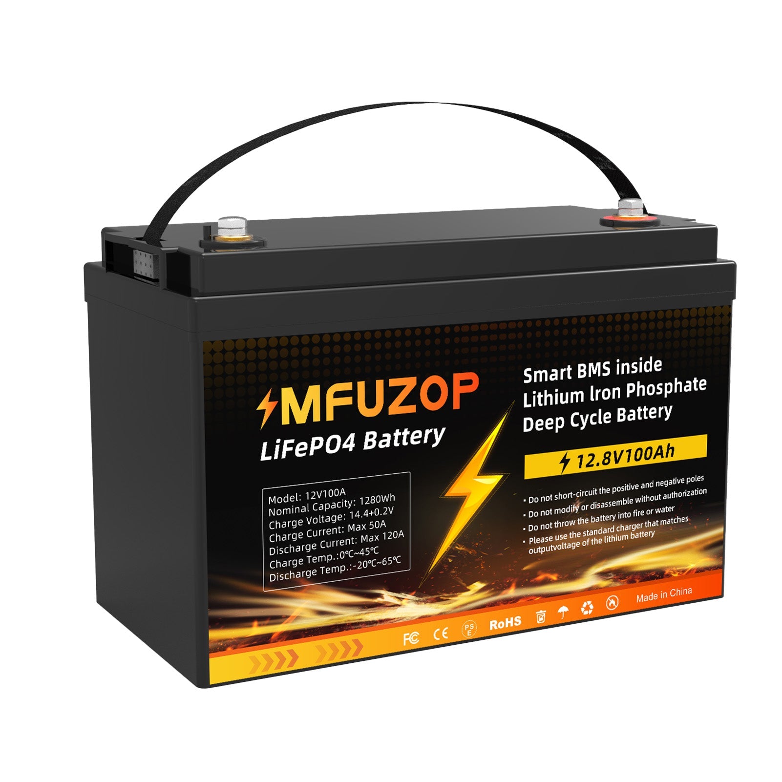 MFUZOP 12V 100Ah LiFePO4 battery with 100A BMS, 6000+ cycles, 1280Wh energy. for solar power, RV, camping, and off-grid use. Main image