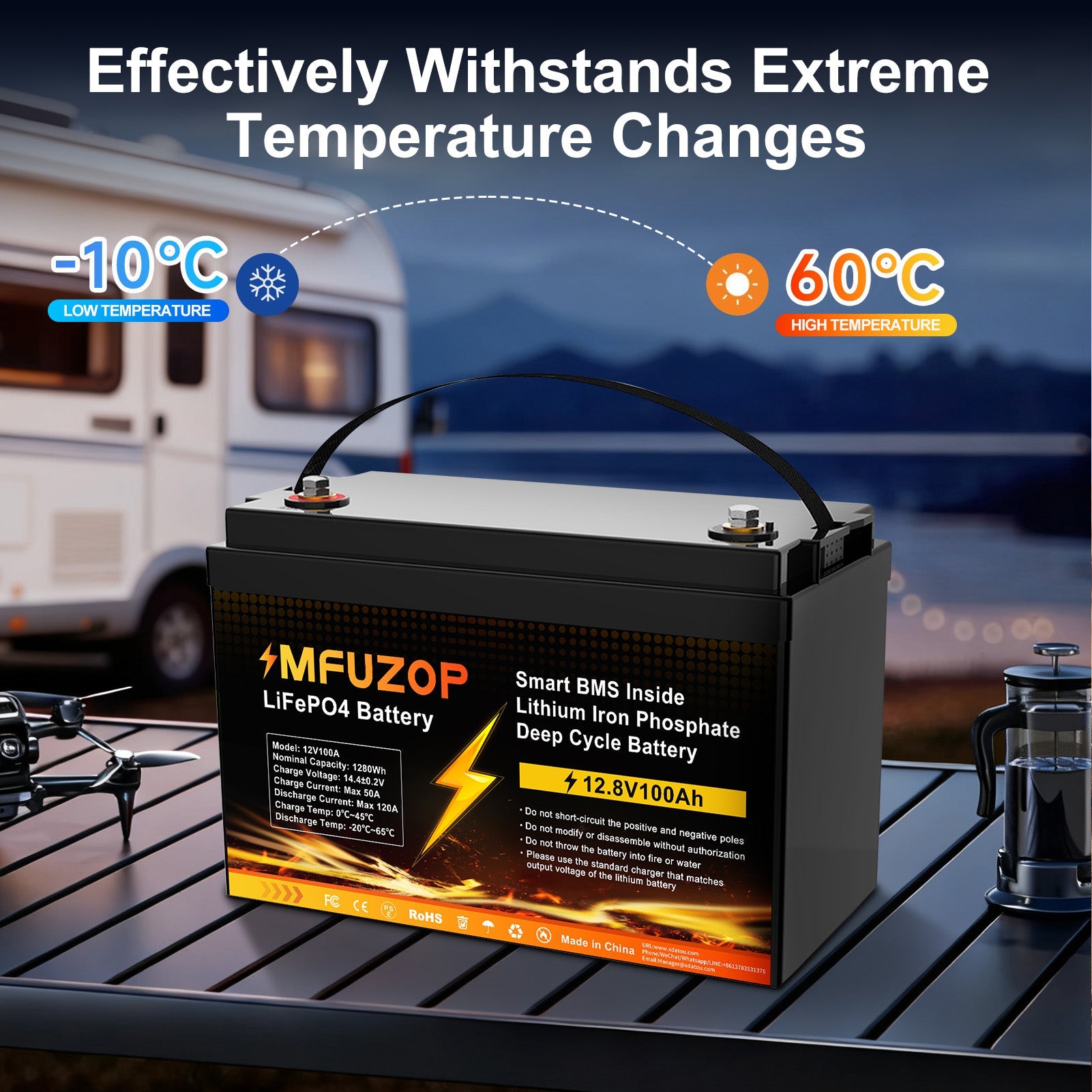 MFUZOP 12V 100Ah LiFePO4 battery with 100A BMS, 6000+ cycles, 1280Wh energy. for solar power, RV, camping, and off-grid use.