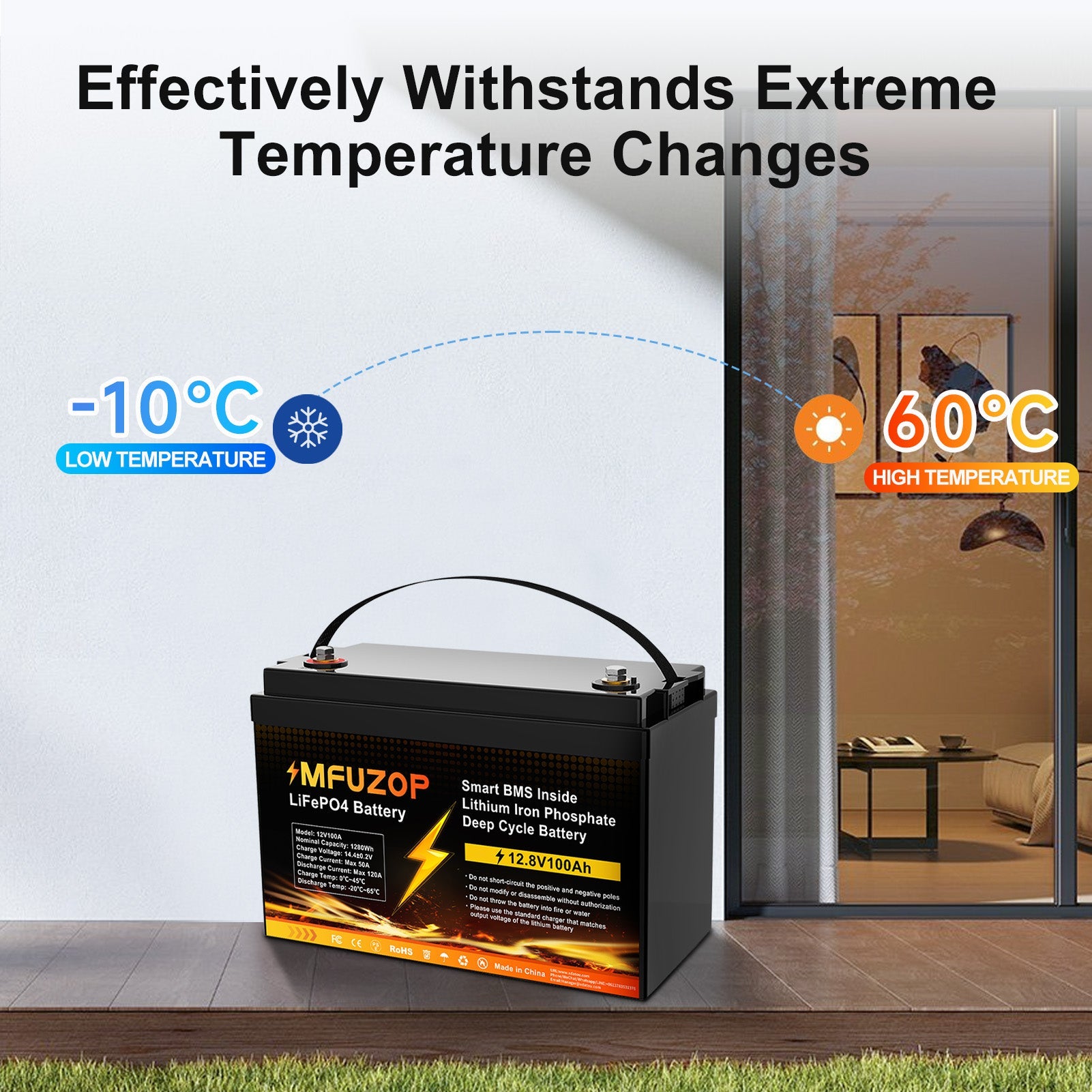 MFUZOP 12V 100Ah LiFePO4 battery with 100A BMS, 6000+ cycles, 1280Wh energy. for solar power, RV, camping, and off-grid use.