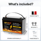 MFUZOP 12V 100Ah LiFePO4 battery with 100A BMS, 6000+ cycles, 1280Wh energy. for solar power, RV, camping, and off-grid use.