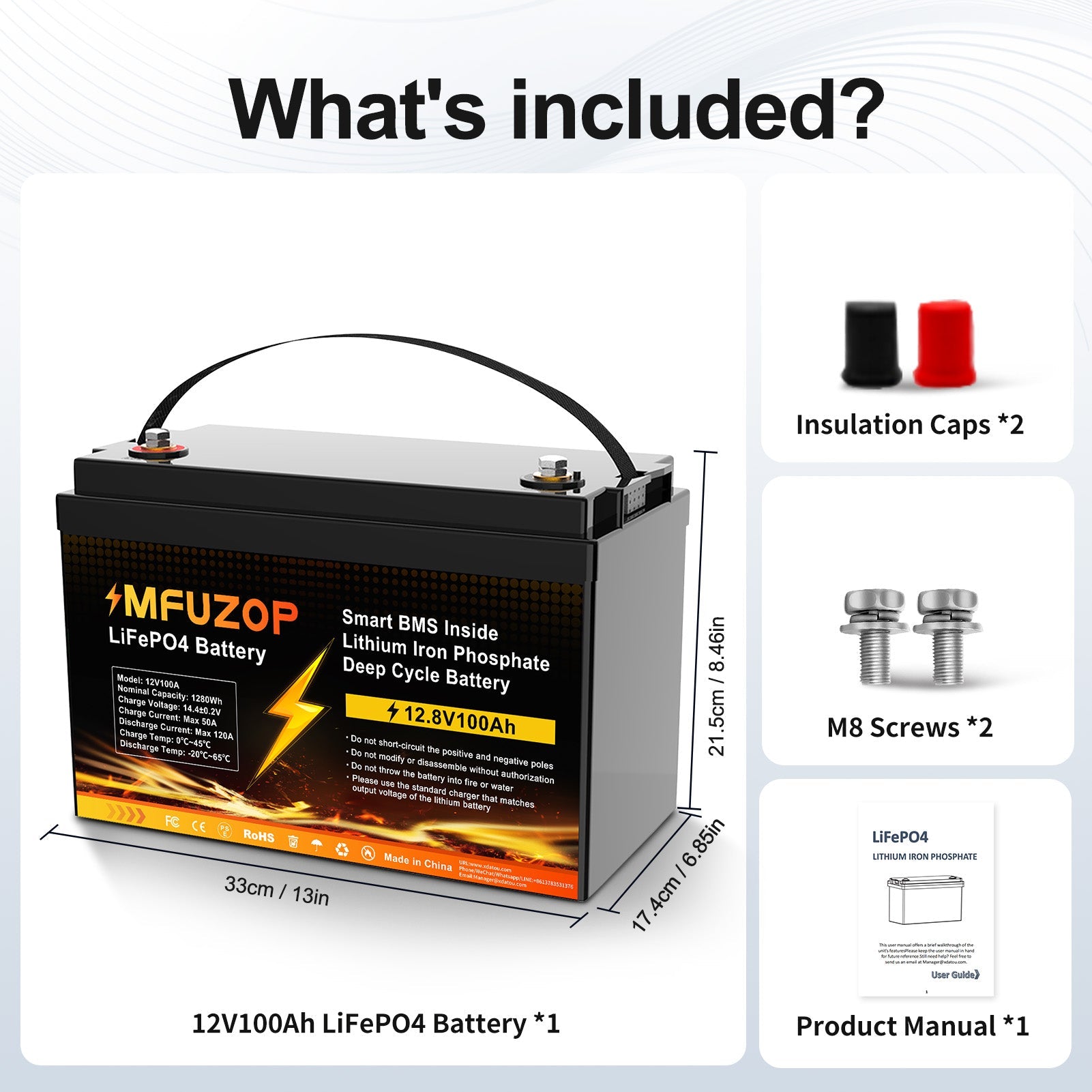 MFUZOP 12V 100Ah LiFePO4 battery with 100A BMS, 6000+ cycles, 1280Wh energy. for solar power, RV, camping, and off-grid use.