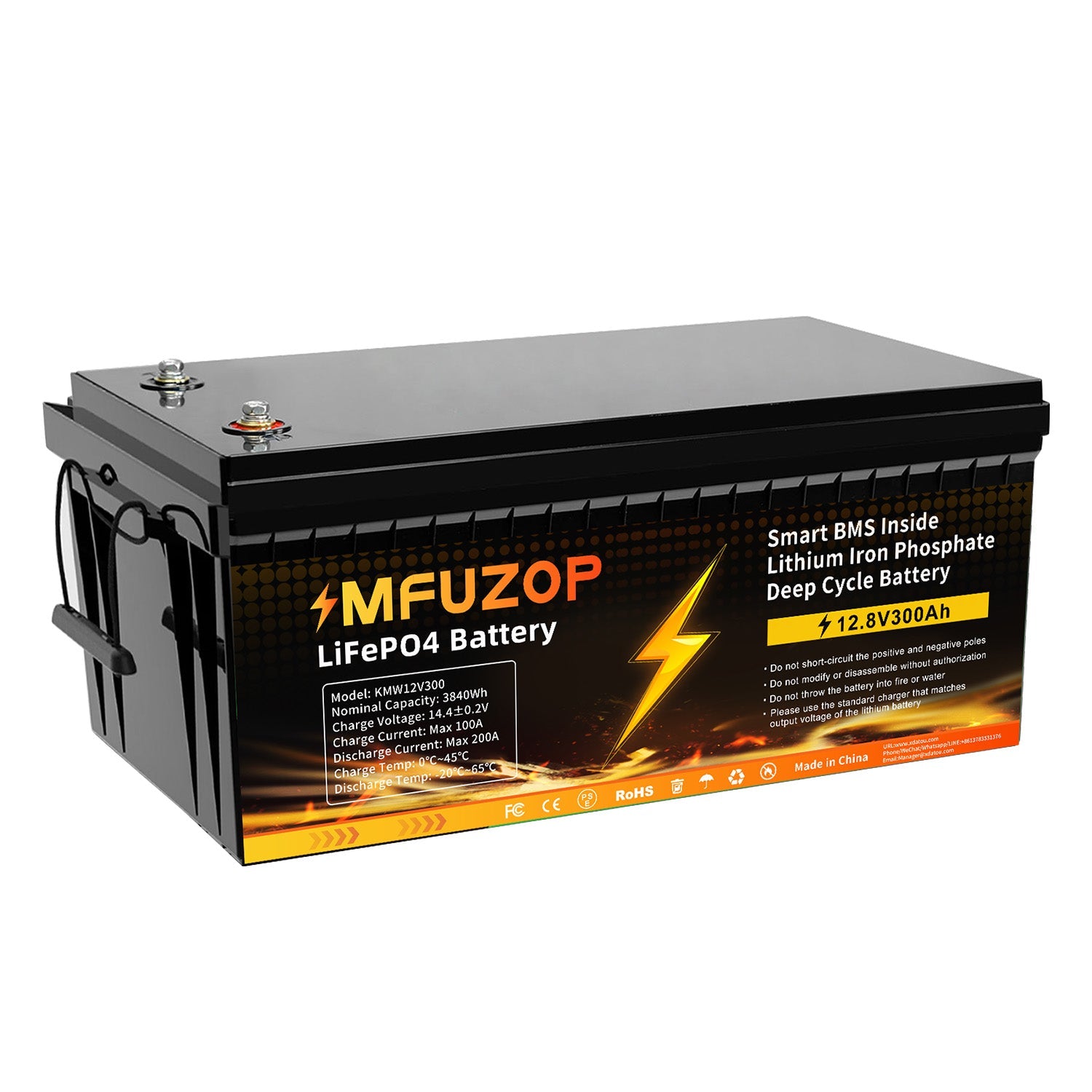 MFUZOP 12V 300Ah LiFePO4 lithium battery, 200A BMS, 6000+ cycles, Ideal for RVs, solar, off-grid, home backup, and marine.