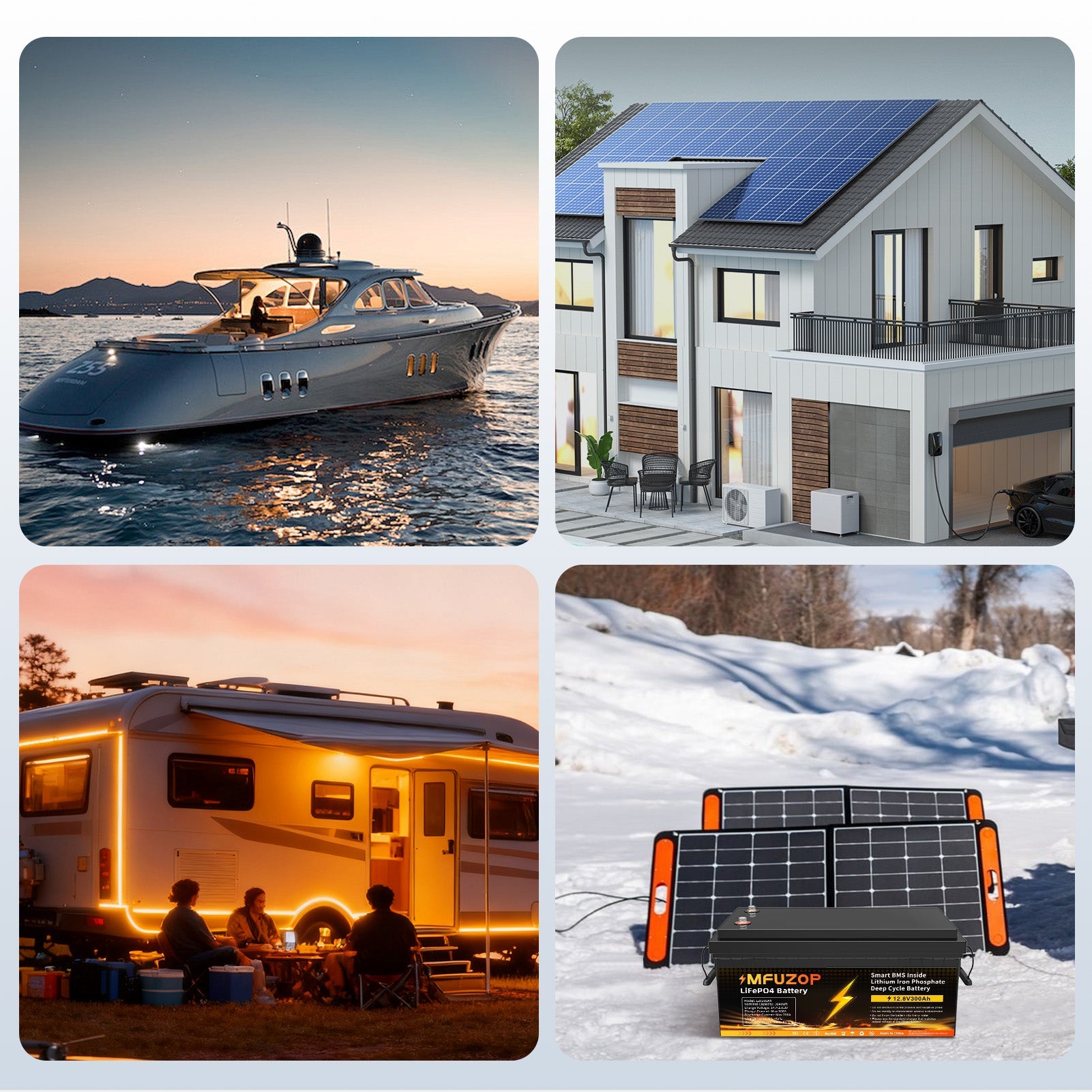 MFUZOP 12V 300Ah LiFePO4 lithium battery, 200A BMS, 6000+ cycles, Ideal for RVs, solar, off-grid, home backup, and marine.