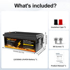 MFUZOP 12V 300Ah LiFePO4 lithium battery, 200A BMS, 6000+ cycles, Ideal for RVs, solar, off-grid, home backup, and marine.