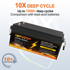 MFUZOP 12V 300Ah LiFePO4 lithium battery, 200A BMS, 6000+ cycles, Ideal for RVs, solar, off-grid, home backup, and marine.