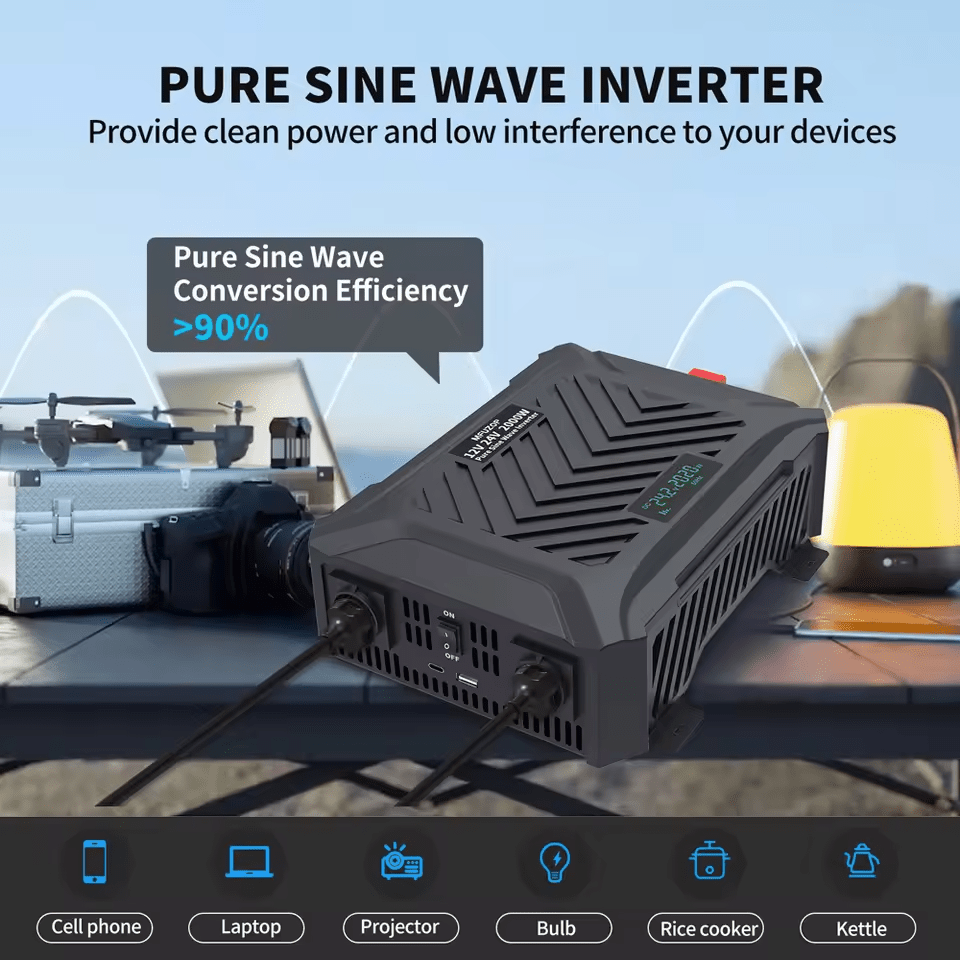 DATOUBOSS 2000/4000W Pure Sine Wave Inverter, 12V/24V to 230V, LCD display, and 2 EU sockets for stable voltage conversion.