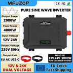 DATOUBOSS 2000/4000W Pure Sine Wave Inverter, 12V/24V to 230V, LCD display, and 2 EU sockets for stable voltage conversion.