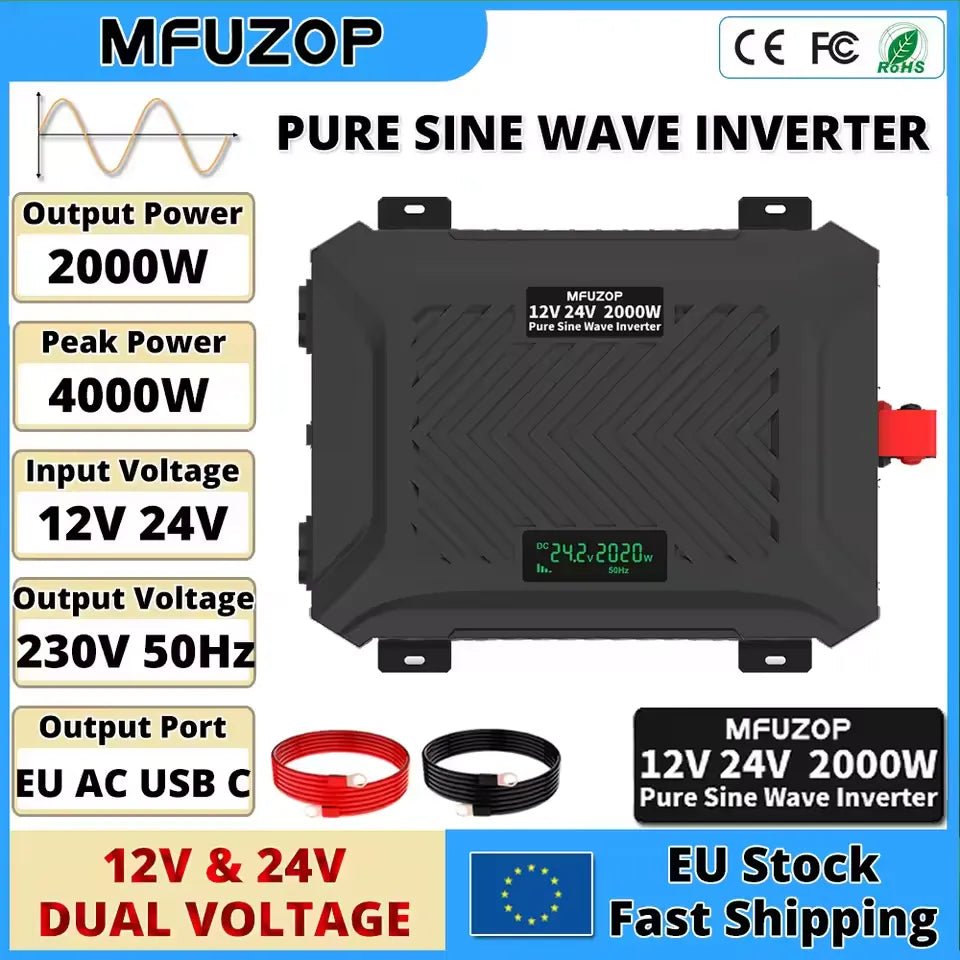 DATOUBOSS 2000/4000W Pure Sine Wave Inverter, 12V/24V to 230V, LCD display, and 2 EU sockets for stable voltage conversion.