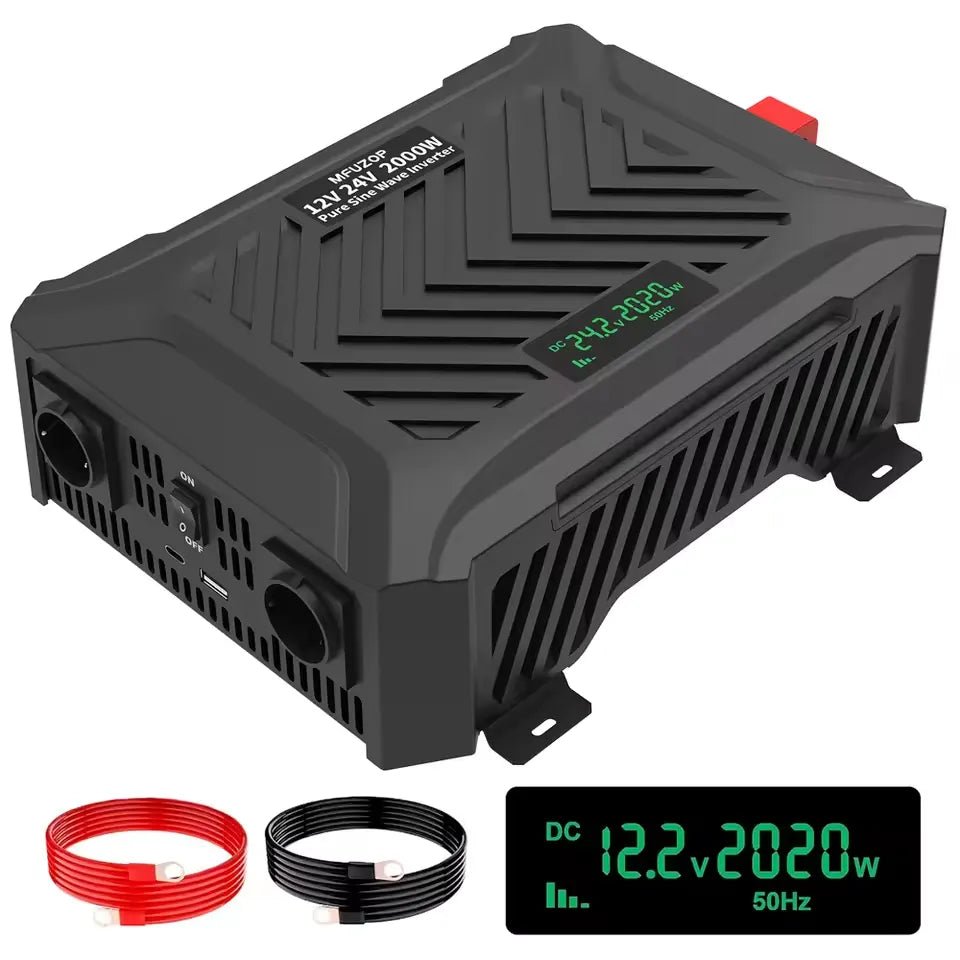 DATOUBOSS 2000/4000W Pure Sine Wave Inverter, 12V/24V to 230V, LCD display, and 2 EU sockets for stable voltage conversion. Main image
