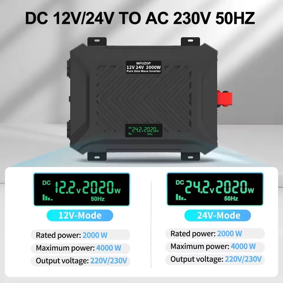 DATOUBOSS 2000/4000W Pure Sine Wave Inverter, 12V/24V to 230V, LCD display, and 2 EU sockets for stable voltage conversion.