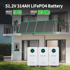 MFUZOP 48V 314Ah LiFePO4 battery with 200A BMS, LCD Display for high-capacity solar, RV, and home energy storage systems.